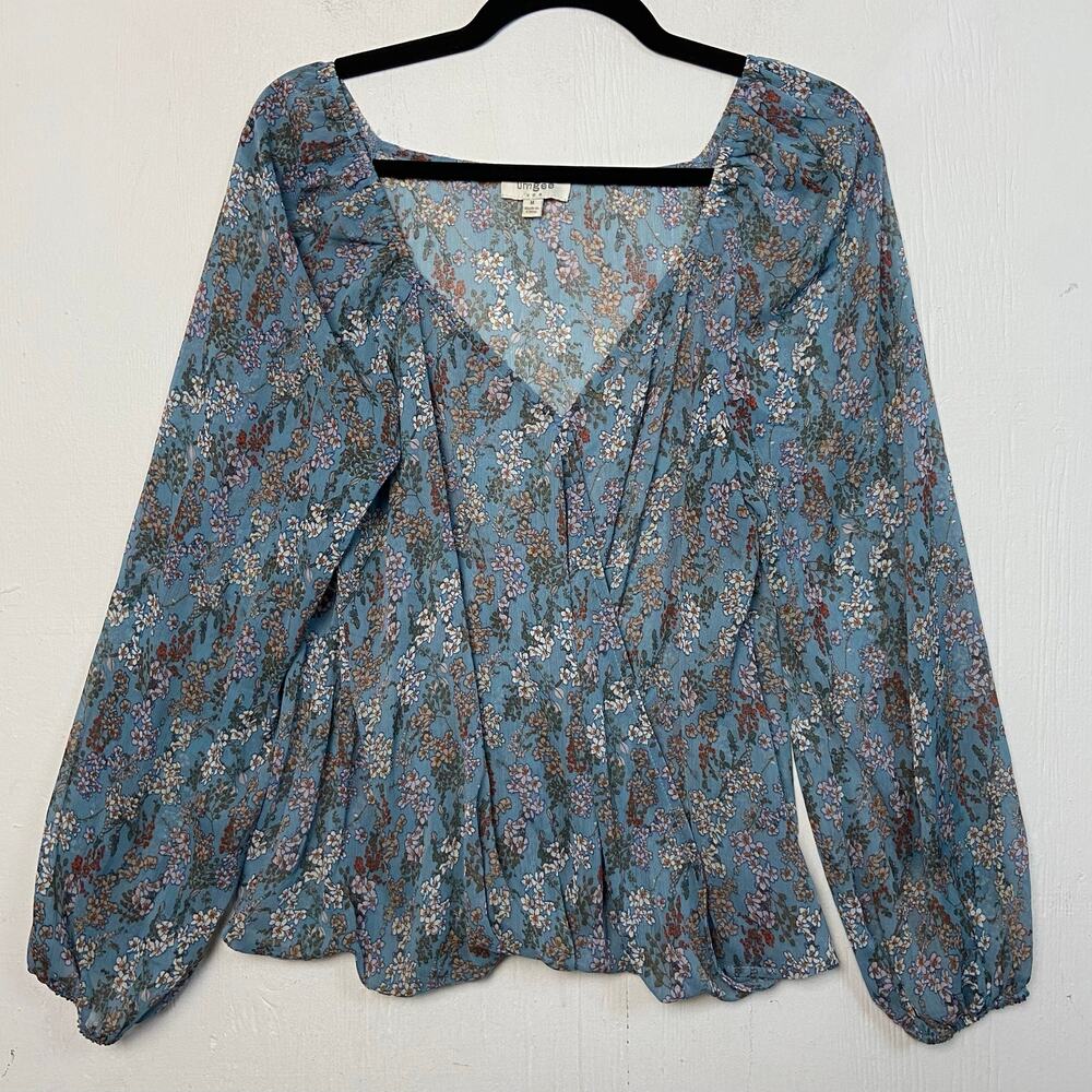Umgee Blue Floral Boho Cottage Surplice V-neck Long Sleeve Blouse Top Medium